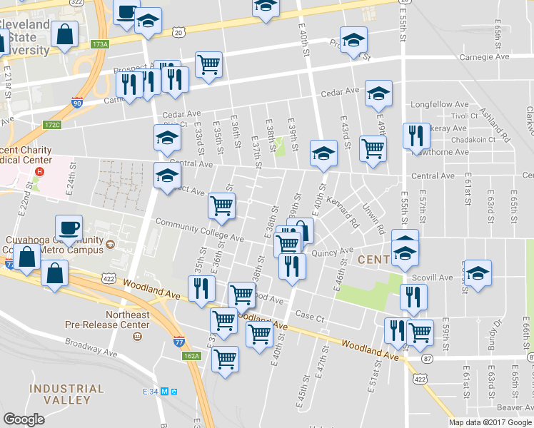 map of restaurants, bars, coffee shops, grocery stores, and more near 2378 E 38th St in Cleveland