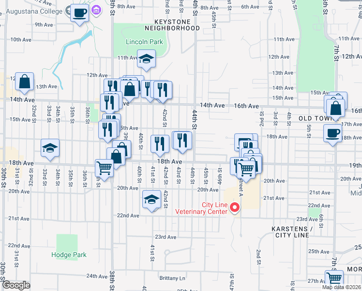 map of restaurants, bars, coffee shops, grocery stores, and more near 1537 43rd Street in Rock Island