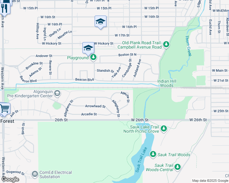 map of restaurants, bars, coffee shops, grocery stores, and more near 10 Apache Street in Park Forest
