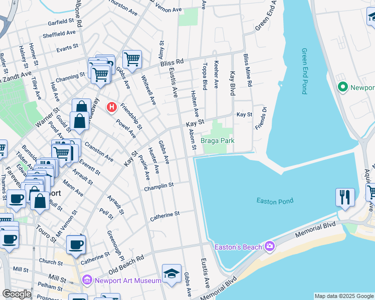 map of restaurants, bars, coffee shops, grocery stores, and more near 1 Aborn Street in Newport