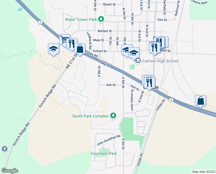 map of restaurants, bars, coffee shops, grocery stores, and more near 710 Ash Street in Carlisle
