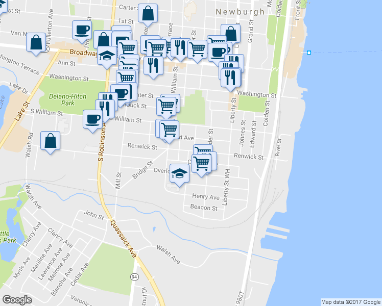 map of restaurants, bars, coffee shops, grocery stores, and more near 153 Renwick Street in Newburgh
