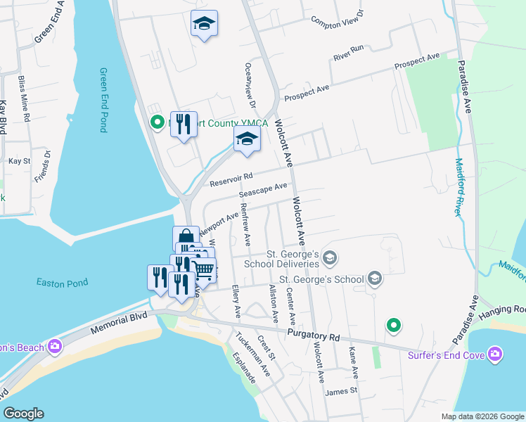 map of restaurants, bars, coffee shops, grocery stores, and more near 133 Newport Avenue in Middletown