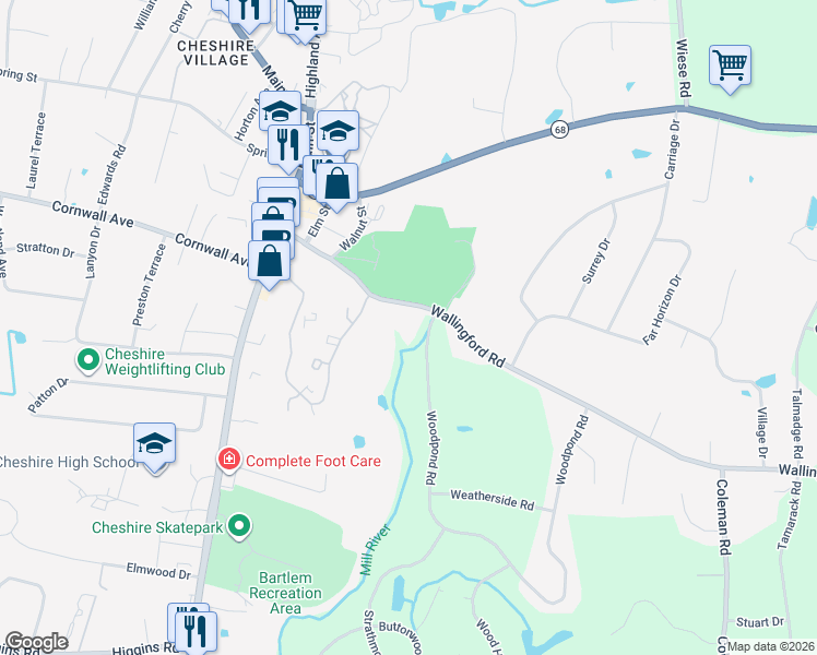 map of restaurants, bars, coffee shops, grocery stores, and more near 121 Wallingford Road in Cheshire