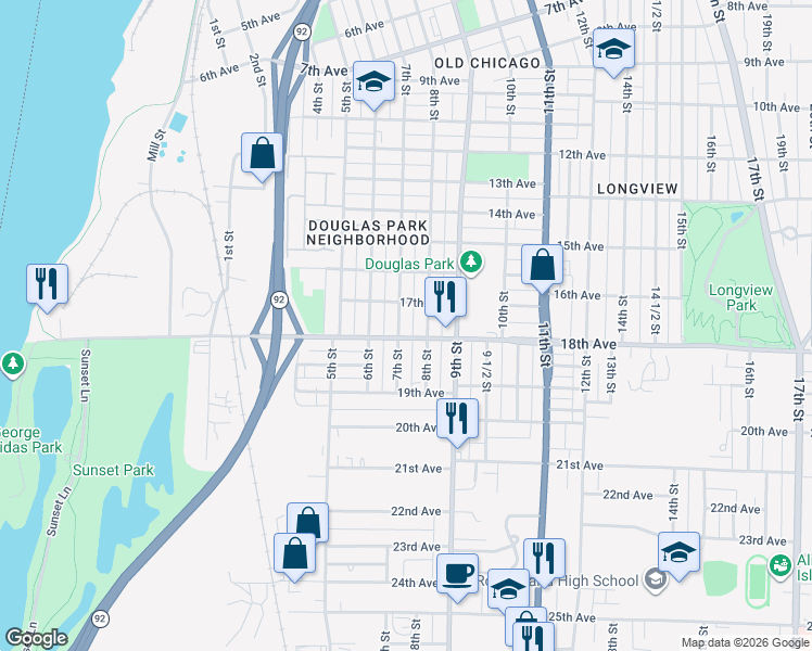 map of restaurants, bars, coffee shops, grocery stores, and more near 1721 7th Street in Rock Island