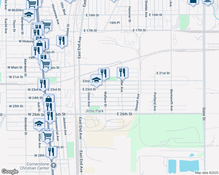 map of restaurants, bars, coffee shops, grocery stores, and more near 175 East 23rd Street in Chicago Heights