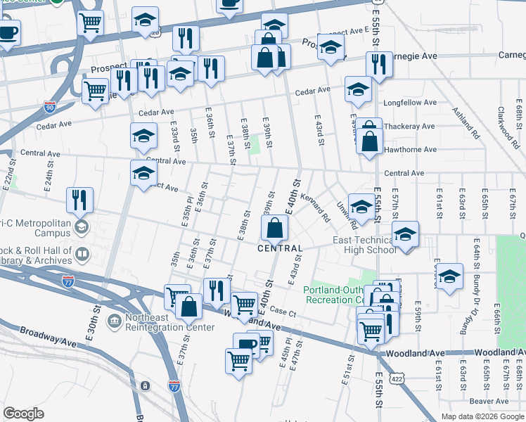 map of restaurants, bars, coffee shops, grocery stores, and more near 2370 East 39th Street in Cleveland