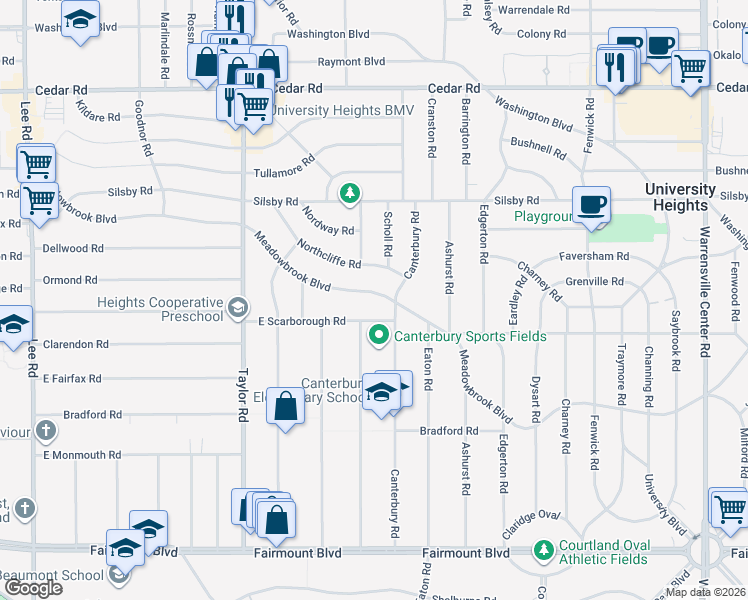 map of restaurants, bars, coffee shops, grocery stores, and more near 3610 Meadowbrook Boulevard in Cleveland Heights