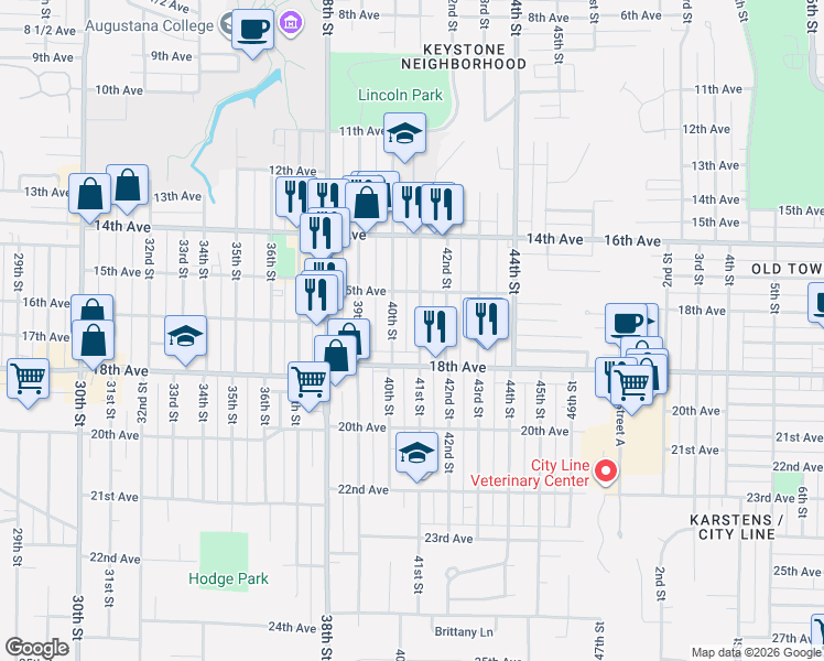 map of restaurants, bars, coffee shops, grocery stores, and more near 1536 41st Street in Rock Island