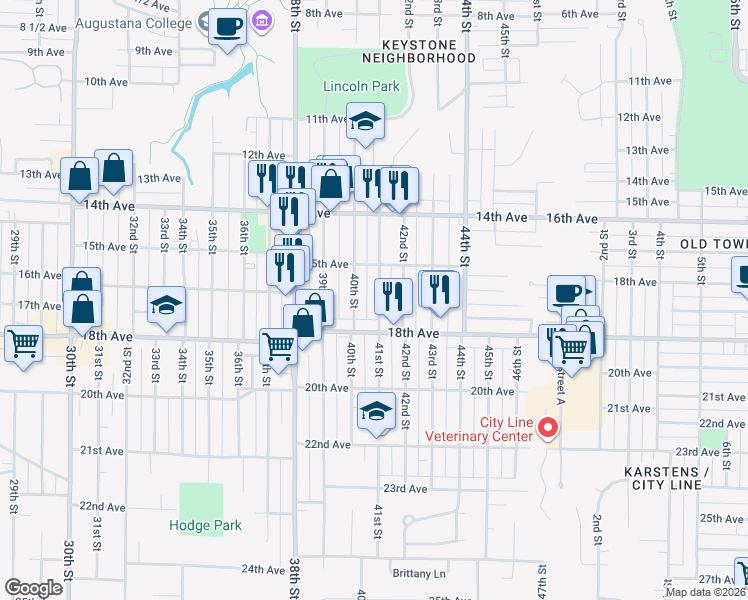 map of restaurants, bars, coffee shops, grocery stores, and more near 1536 41st Street in Rock Island