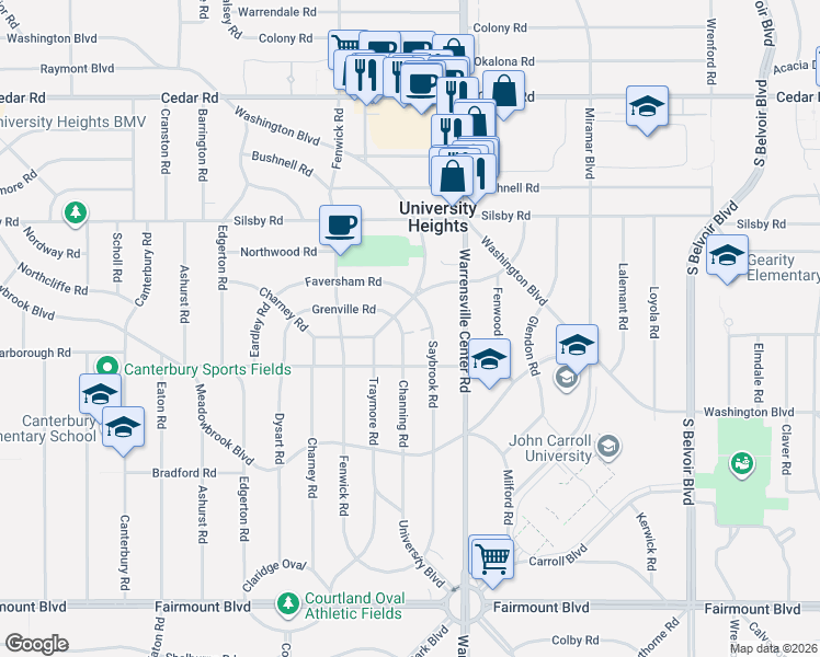 map of restaurants, bars, coffee shops, grocery stores, and more near 2391 Channing Road in University Heights