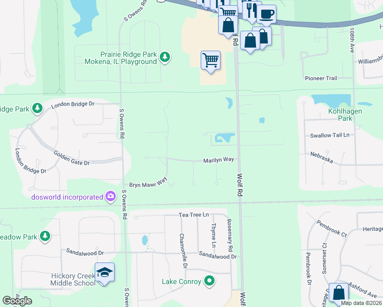 map of restaurants, bars, coffee shops, grocery stores, and more near 11346 Marilyn Way in Mokena