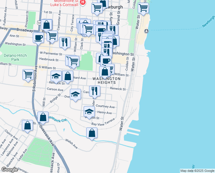 map of restaurants, bars, coffee shops, grocery stores, and more near 85 Renwick Street in Newburgh