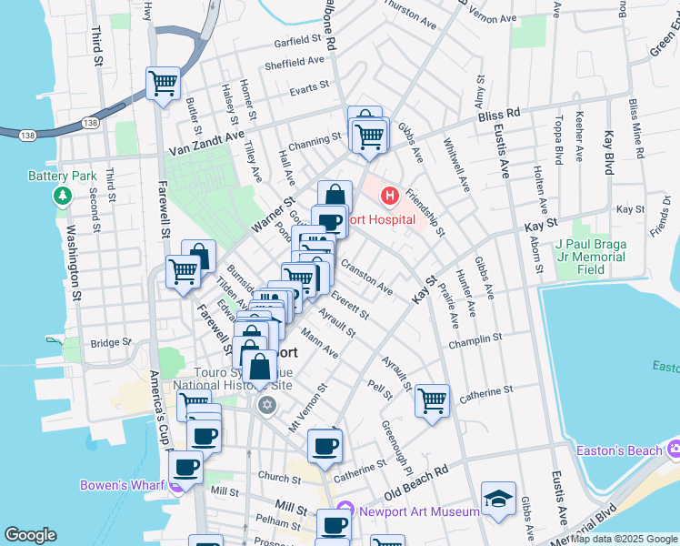 map of restaurants, bars, coffee shops, grocery stores, and more near 1 Bartlett Ct in Newport