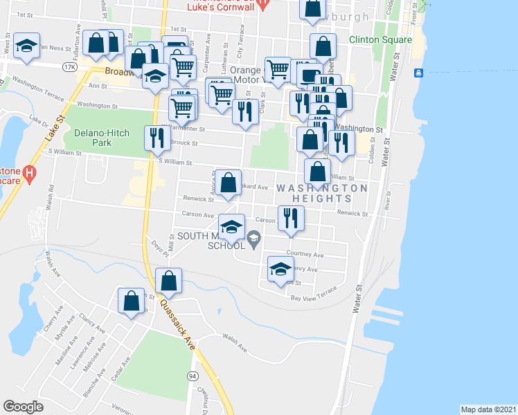 map of restaurants, bars, coffee shops, grocery stores, and more near 161 Renwick Street in Newburgh