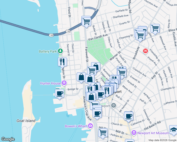 map of restaurants, bars, coffee shops, grocery stores, and more near in Newport