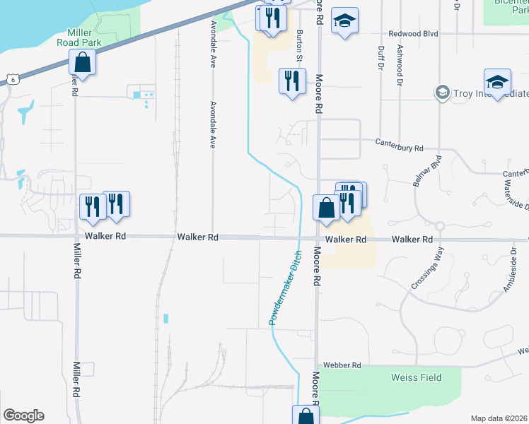 map of restaurants, bars, coffee shops, grocery stores, and more near 440 Angela Lane in Avon Lake