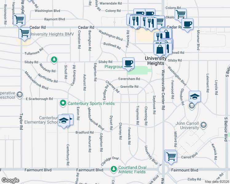 map of restaurants, bars, coffee shops, grocery stores, and more near 2382 Charney Road in University Heights