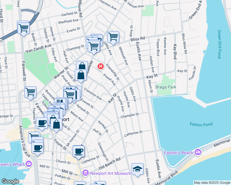 map of restaurants, bars, coffee shops, grocery stores, and more near 88 Kay Street in Newport