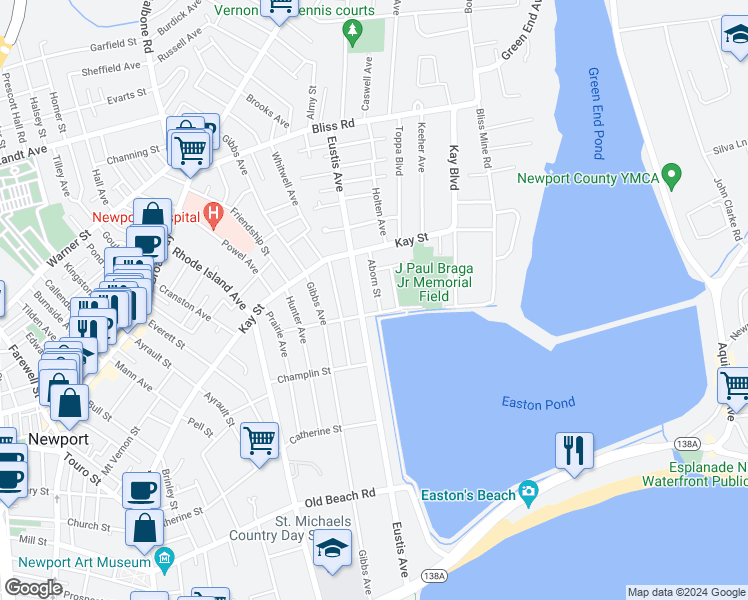 map of restaurants, bars, coffee shops, grocery stores, and more near 1 Aborn Street in Newport