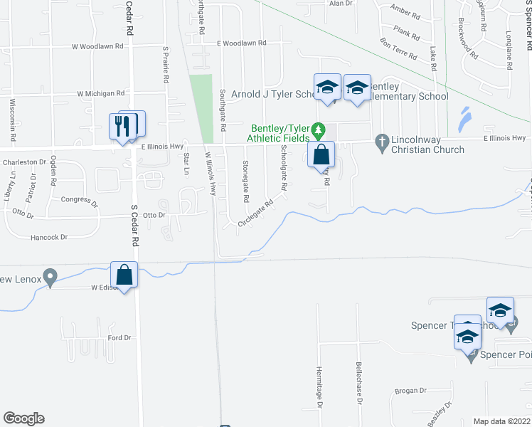 map of restaurants, bars, coffee shops, grocery stores, and more near 318 Circlegate Road in New Lenox