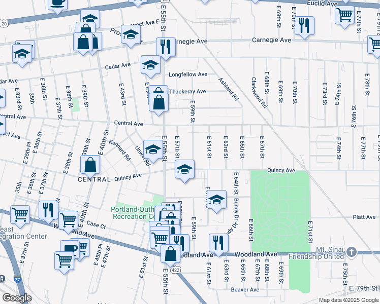 map of restaurants, bars, coffee shops, grocery stores, and more near 2352 East 59th Street in Cleveland