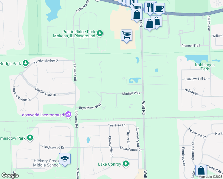 map of restaurants, bars, coffee shops, grocery stores, and more near 11346 Marilyn Way in Mokena