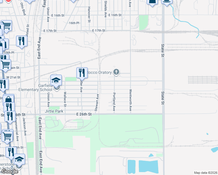 map of restaurants, bars, coffee shops, grocery stores, and more near 293 East 23rd Street in Chicago Heights