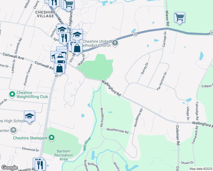 map of restaurants, bars, coffee shops, grocery stores, and more near 177 Wallingford Road in Cheshire