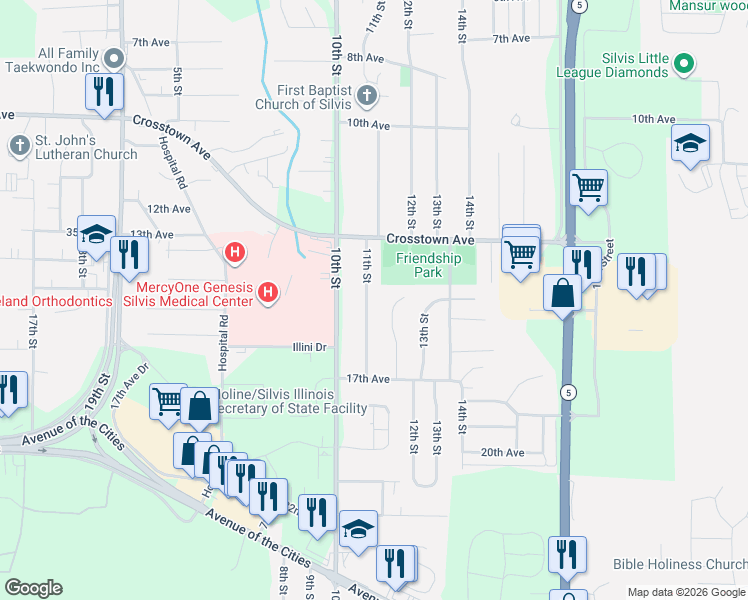 map of restaurants, bars, coffee shops, grocery stores, and more near 1419 11th Street in Silvis