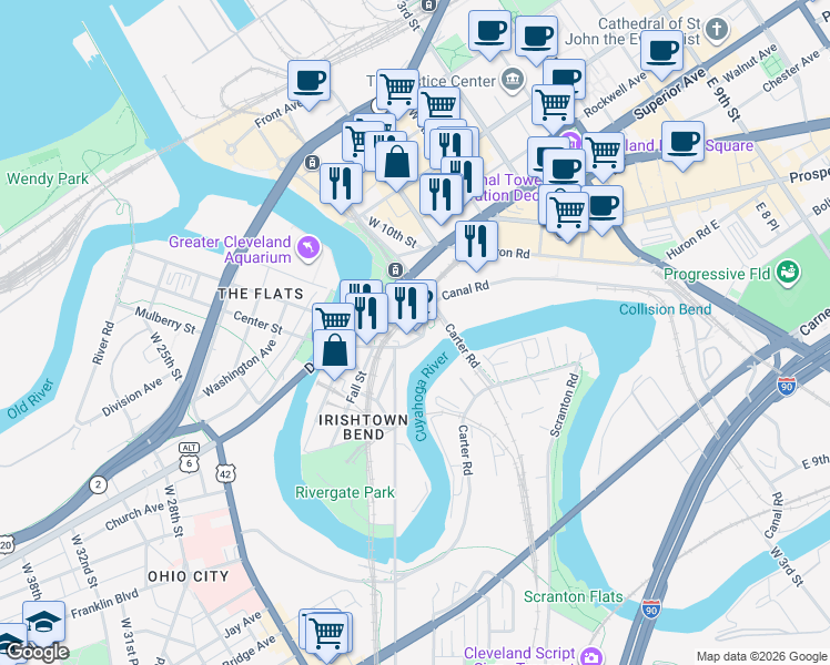 map of restaurants, bars, coffee shops, grocery stores, and more near 1646 Columbus Road in Cleveland