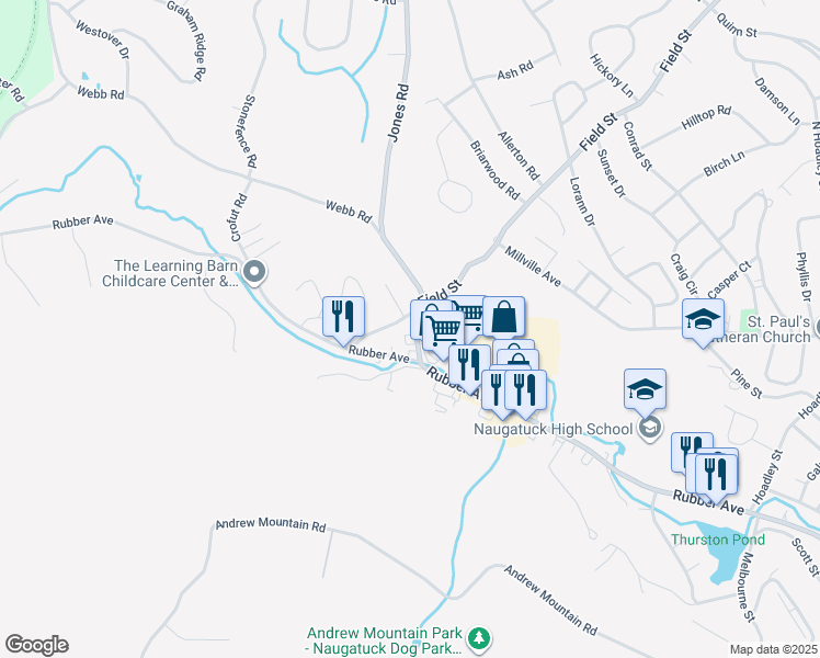 map of restaurants, bars, coffee shops, grocery stores, and more near 32 Neumann Street in Naugatuck