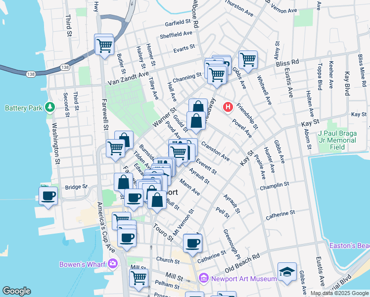 map of restaurants, bars, coffee shops, grocery stores, and more near 2 Pond Avenue in Newport