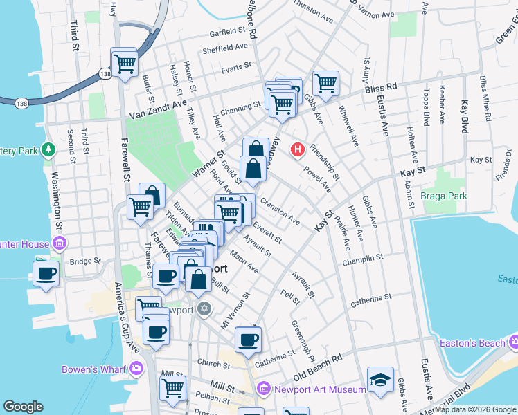 map of restaurants, bars, coffee shops, grocery stores, and more near 1 Bartlett Court in Newport