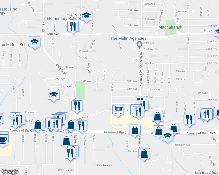 map of restaurants, bars, coffee shops, grocery stores, and more near 3799 1st St in East Moline