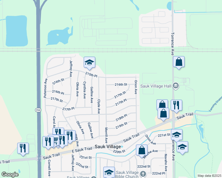 map of restaurants, bars, coffee shops, grocery stores, and more near 2013 216th Court in Sauk Village