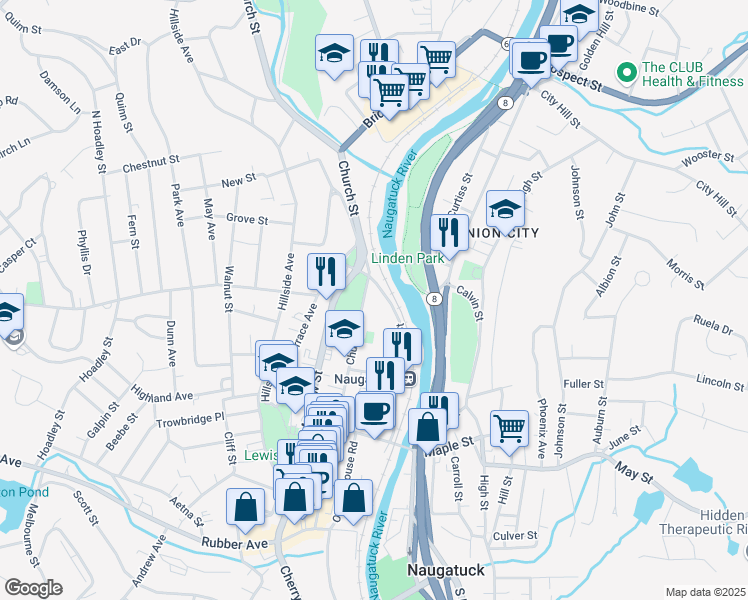 map of restaurants, bars, coffee shops, grocery stores, and more near 333 Church Street in Naugatuck
