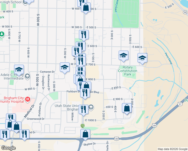 map of restaurants, bars, coffee shops, grocery stores, and more near 747 South Main Street in Brigham City