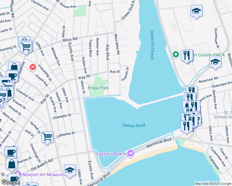 map of restaurants, bars, coffee shops, grocery stores, and more near 78 Ellery Road in Newport