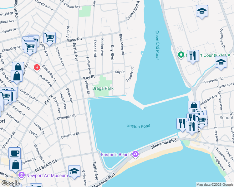 map of restaurants, bars, coffee shops, grocery stores, and more near 78 Ellery Road in Newport