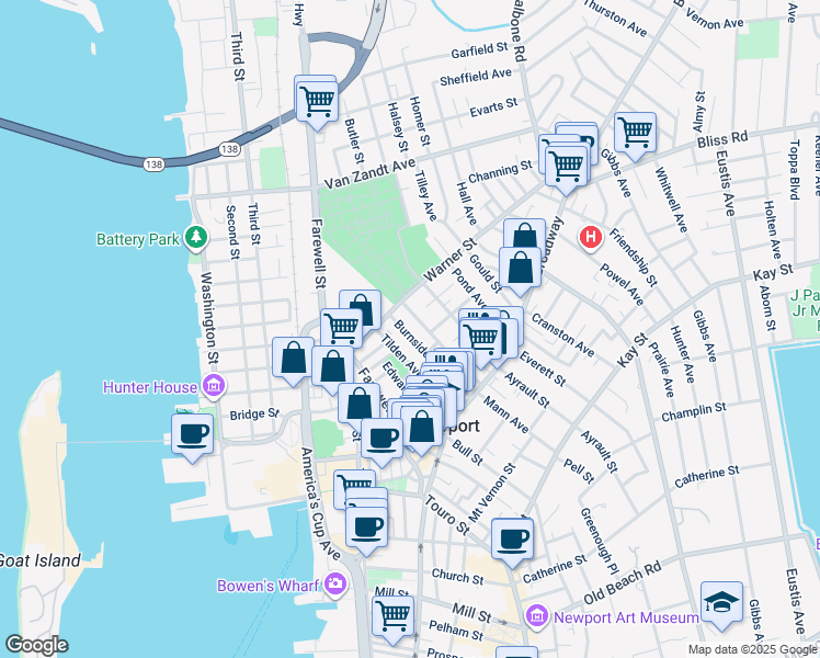 map of restaurants, bars, coffee shops, grocery stores, and more near 59 Burnside Avenue in Newport
