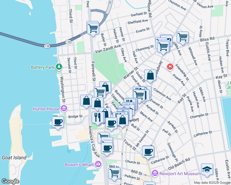 map of restaurants, bars, coffee shops, grocery stores, and more near 80 Tilden Avenue in Newport