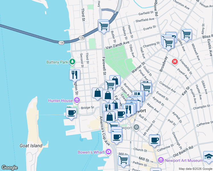map of restaurants, bars, coffee shops, grocery stores, and more near in Newport