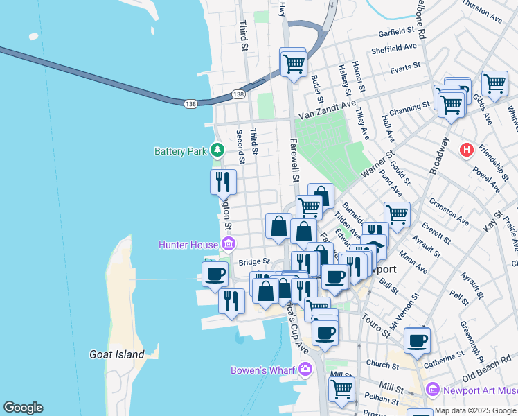 map of restaurants, bars, coffee shops, grocery stores, and more near 42 3rd Street in Newport