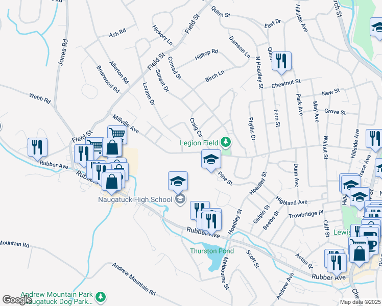 map of restaurants, bars, coffee shops, grocery stores, and more near 471 Millville Avenue in Naugatuck