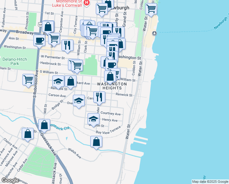 map of restaurants, bars, coffee shops, grocery stores, and more near 85 Renwick Street in Newburgh