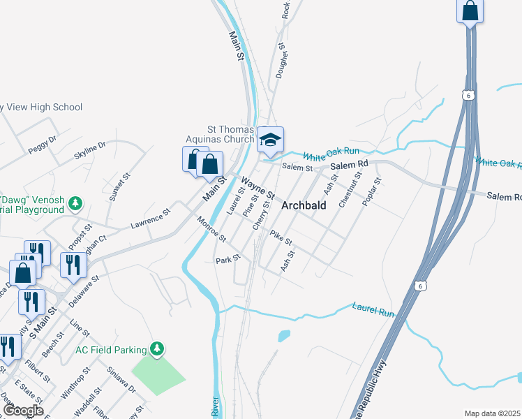 map of restaurants, bars, coffee shops, grocery stores, and more near 135 Pine Street in Archbald