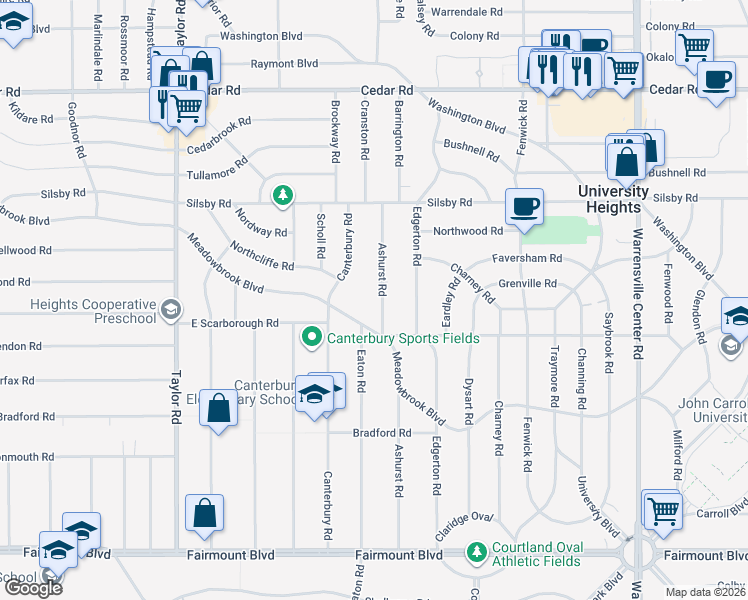 map of restaurants, bars, coffee shops, grocery stores, and more near 2388 Ashurst Road in University Heights
