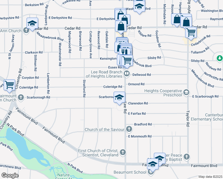 map of restaurants, bars, coffee shops, grocery stores, and more near 3144 Coleridge Road in Cleveland Heights