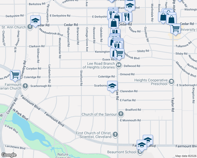 map of restaurants, bars, coffee shops, grocery stores, and more near 3100 Coleridge Road in Cleveland Heights